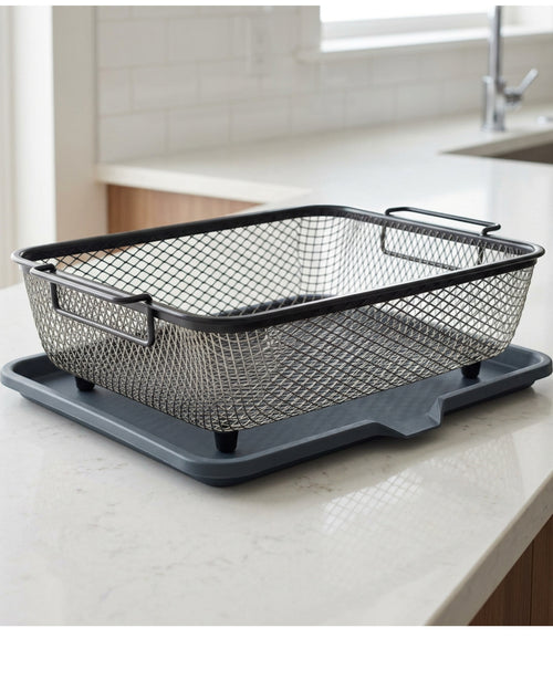 Grwnv Rectangular Diamond Mesh Draining Basket with Slate Drip Tray - Lifestyle view